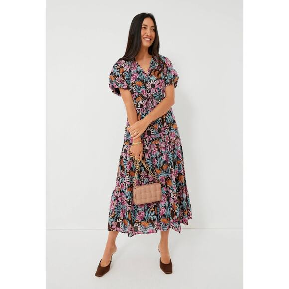 Banjanan Poppy Floral Print Organic Cotton Midi Dress Black Beauty Purple EUC - Picture 1 of 16